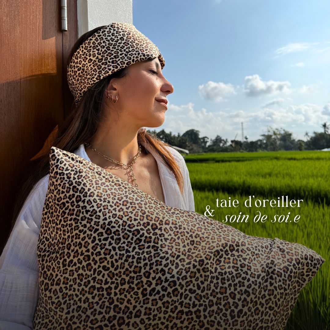 Taie d'oreiller en soie leopard, pure soie naturelle, ideale peau sensible.